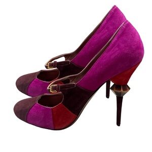 Miu Miu Colorblock Suede Mary Jane Heels Size 37 Sculptural Heel Designer Pink